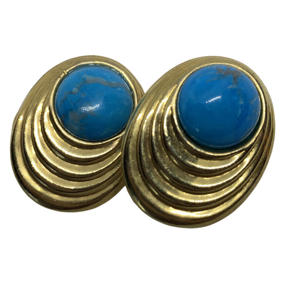 Vintage 1980s Goldtone Pierced Post Earrings Faux Turquoise Look 1 1/4" Oval - Picture 1 of 7